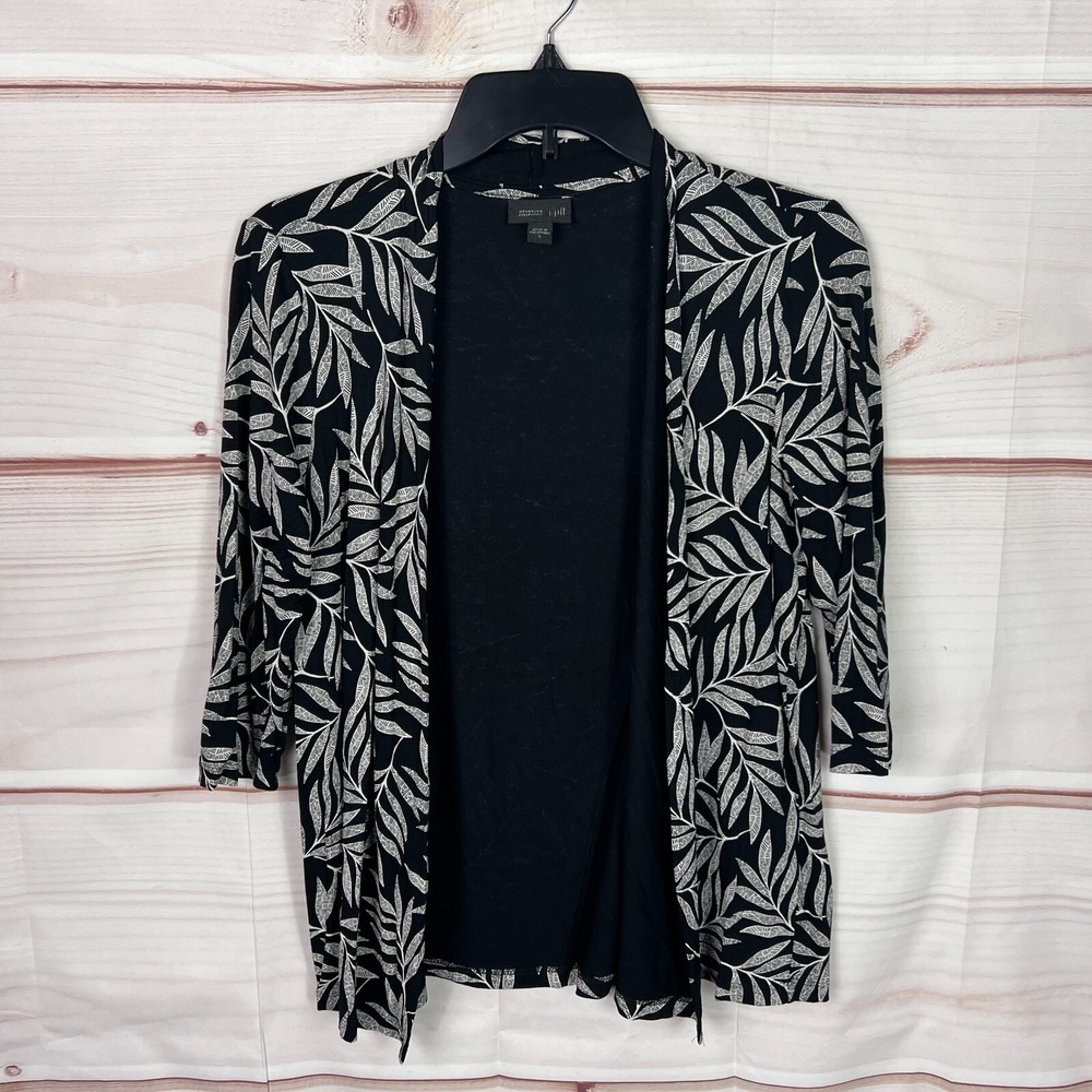 J Jill Cardigan Womens S Wearever Black Leaf Print 3/4 Sleeve Open Jersey Knit